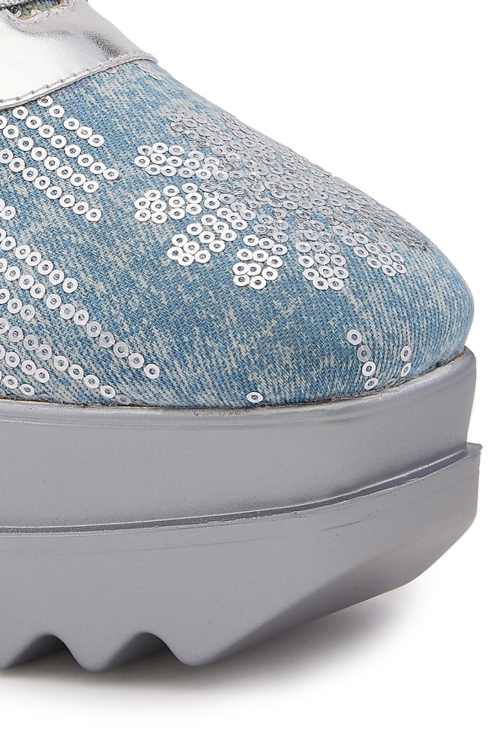 Blue Denim Hand Embroidered Sneakers by Anaar at Pernia's Pop Up Shop