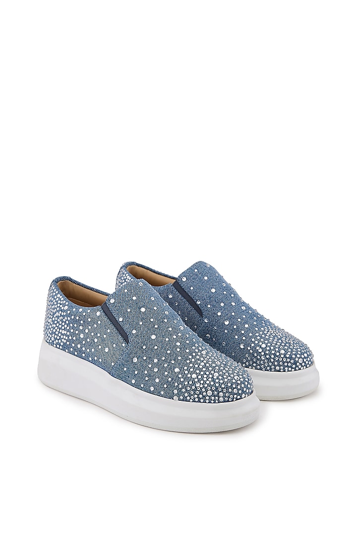 Blue Denim Embellished Sneakers by Anaar at Pernia's Pop Up Shop