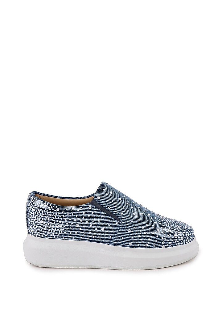 Blue Denim Embellished Sneakers by Anaar at Pernia's Pop Up Shop