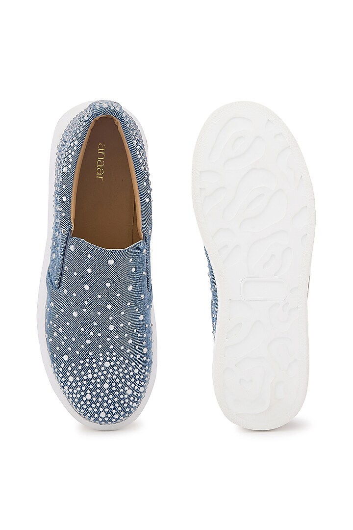 Blue Denim Embellished Sneakers by Anaar at Pernia's Pop Up Shop
