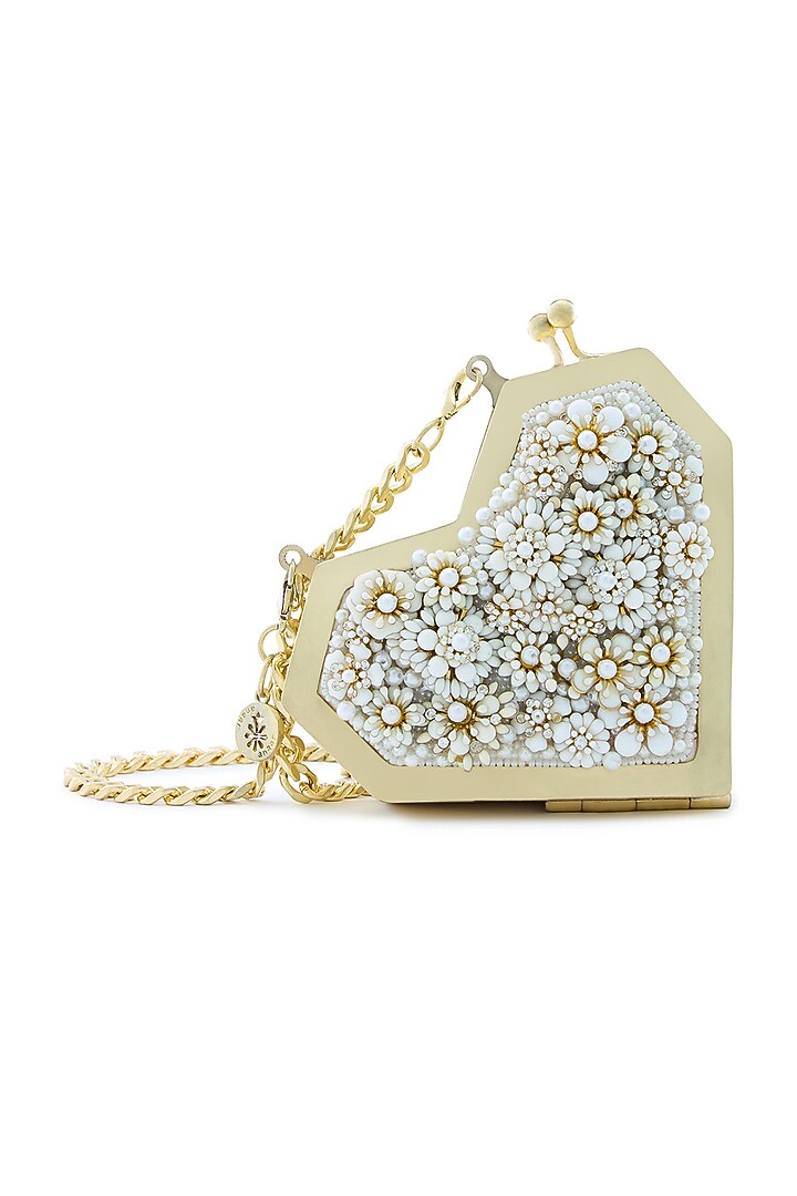 Ivory Metallic Floral Embellished Heart Clutch by Anaar at Pernia's Pop Up Shop