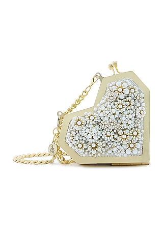 Ivory Metallic Floral Embellished Heart Clutch by Anaar
