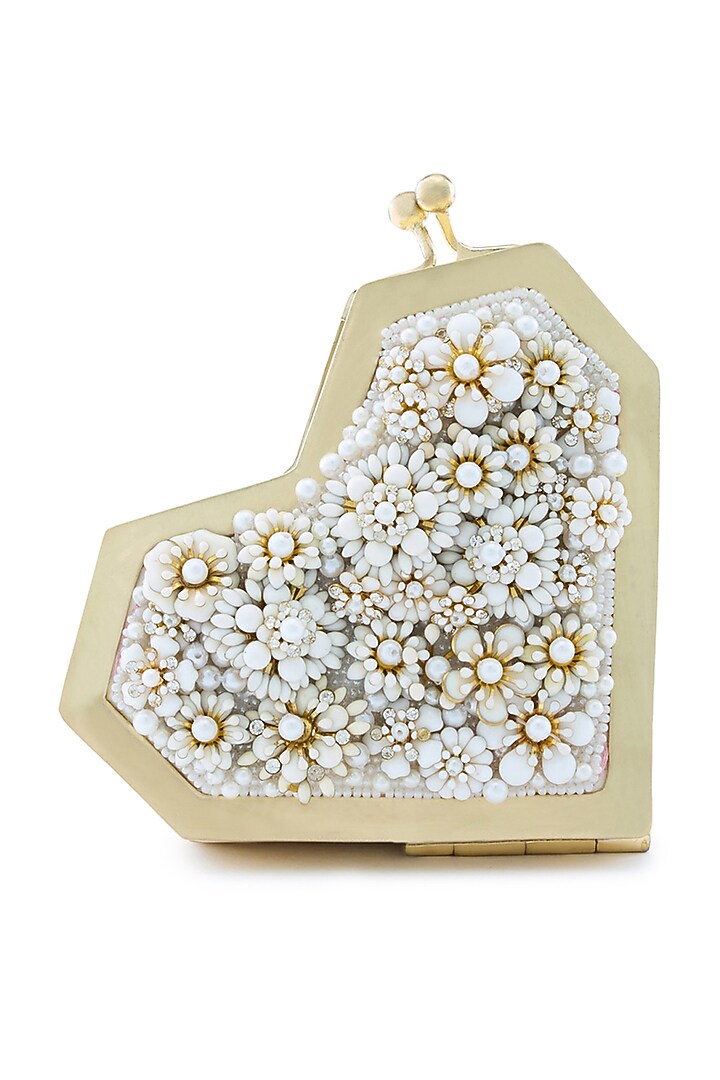 Ivory Metallic Floral Embellished Heart Clutch by Anaar at Pernia's Pop Up Shop
