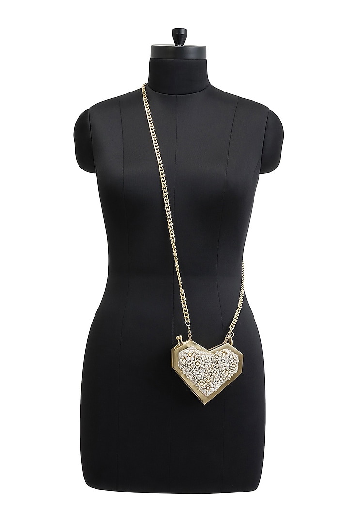 Ivory Metallic Floral Embellished Heart Clutch by Anaar at Pernia's Pop Up Shop