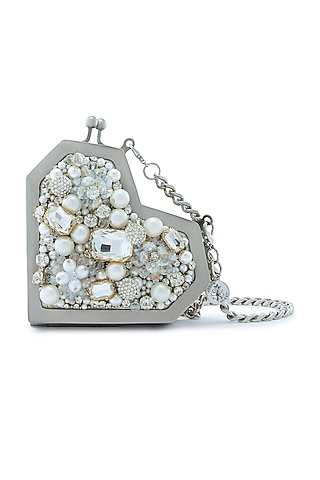Ivory Metallic Floral Embellished Heart Clutch by Anaar