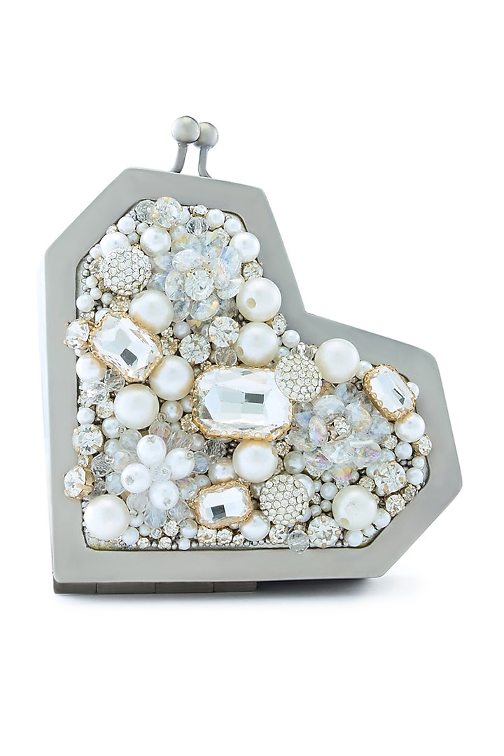 Ivory Metallic Floral Embellished Heart Clutch by Anaar at Pernia's Pop Up Shop