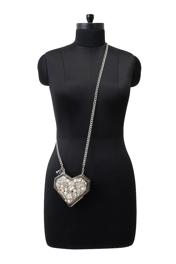 Ivory Metallic Floral Embellished Heart Clutch by Anaar at Pernia's Pop Up Shop