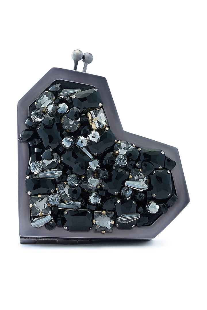 Black Metallic Diamond Embellished Heart Clutch by Anaar at Pernia's Pop Up Shop