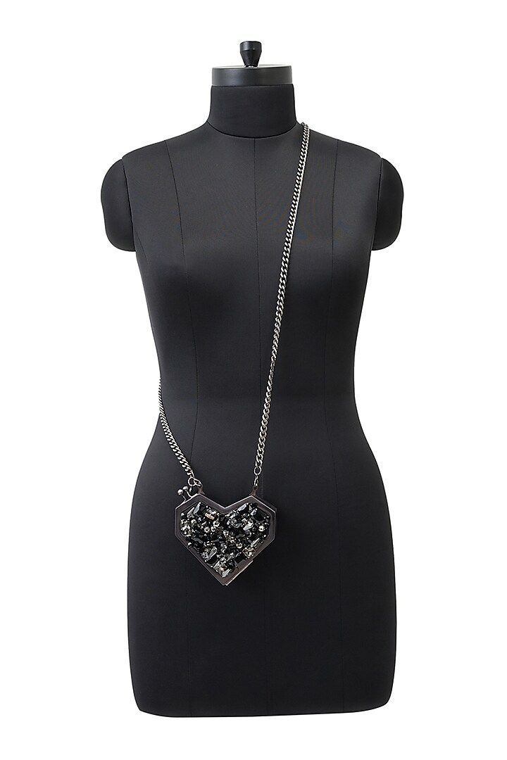 Black Metallic Diamond Embellished Heart Clutch by Anaar at Pernia's Pop Up Shop