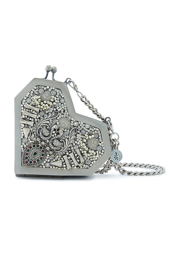 Silver Metallic Stud Embellished Heart Clutch by Anaar at Pernia's Pop Up Shop
