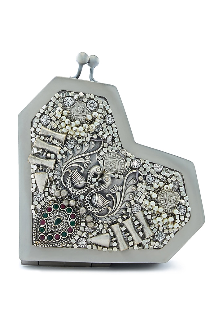 Silver Metallic Stud Embellished Heart Clutch by Anaar at Pernia's Pop Up Shop