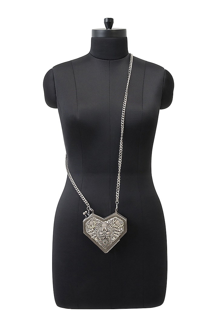 Silver Metallic Stud Embellished Heart Clutch by Anaar at Pernia's Pop Up Shop