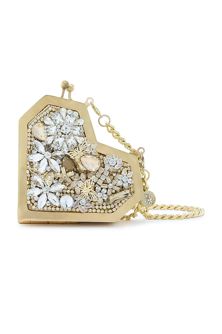 Gold Metallic Floral Stone Embellished Heart Clutch by Anaar at Pernia's Pop Up Shop