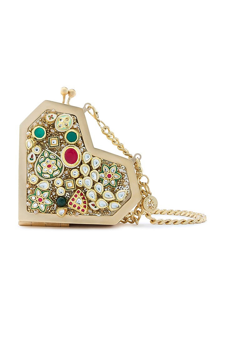 Gold Metallic Kundan & Jadau Embellished Heart Clutch by Anaar at Pernia's Pop Up Shop