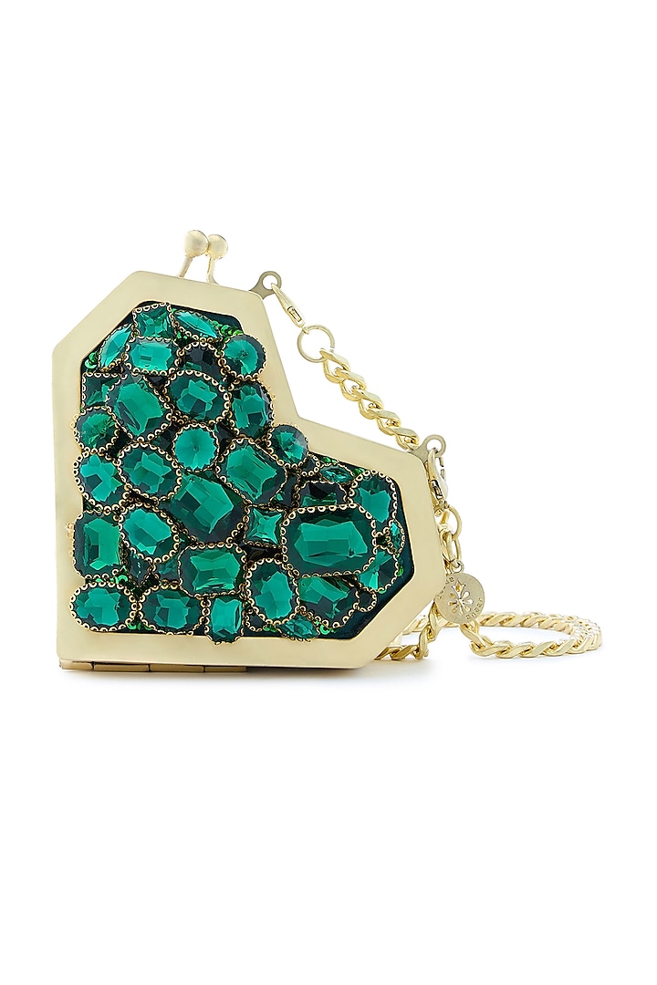 Green Metallic Emerald Swarovski Embellished Heart Clutch by Anaar at Pernia's Pop Up Shop