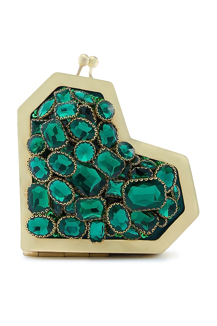 Green Metallic Emerald Swarovski Embellished Heart Clutch by Anaar at Pernia's Pop Up Shop