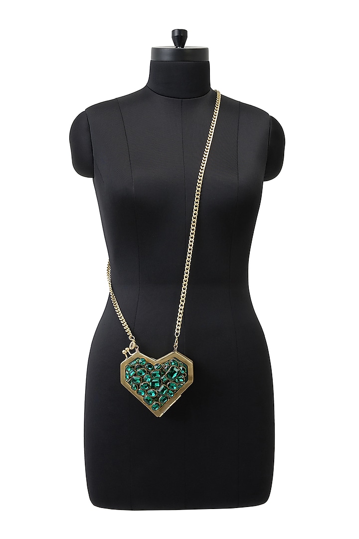 Green Metallic Emerald Swarovski Embellished Heart Clutch by Anaar at Pernia's Pop Up Shop