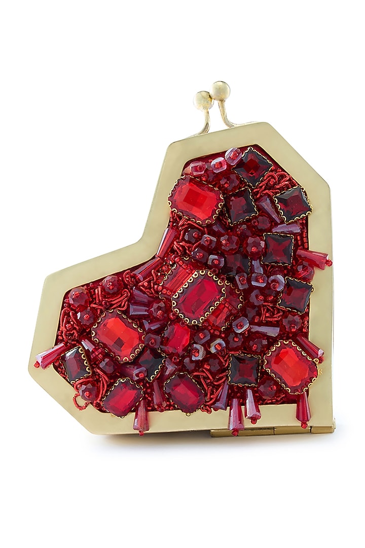 Red Metallic Ruby Stone Embellished Heart Clutch by Anaar at Pernia's Pop Up Shop