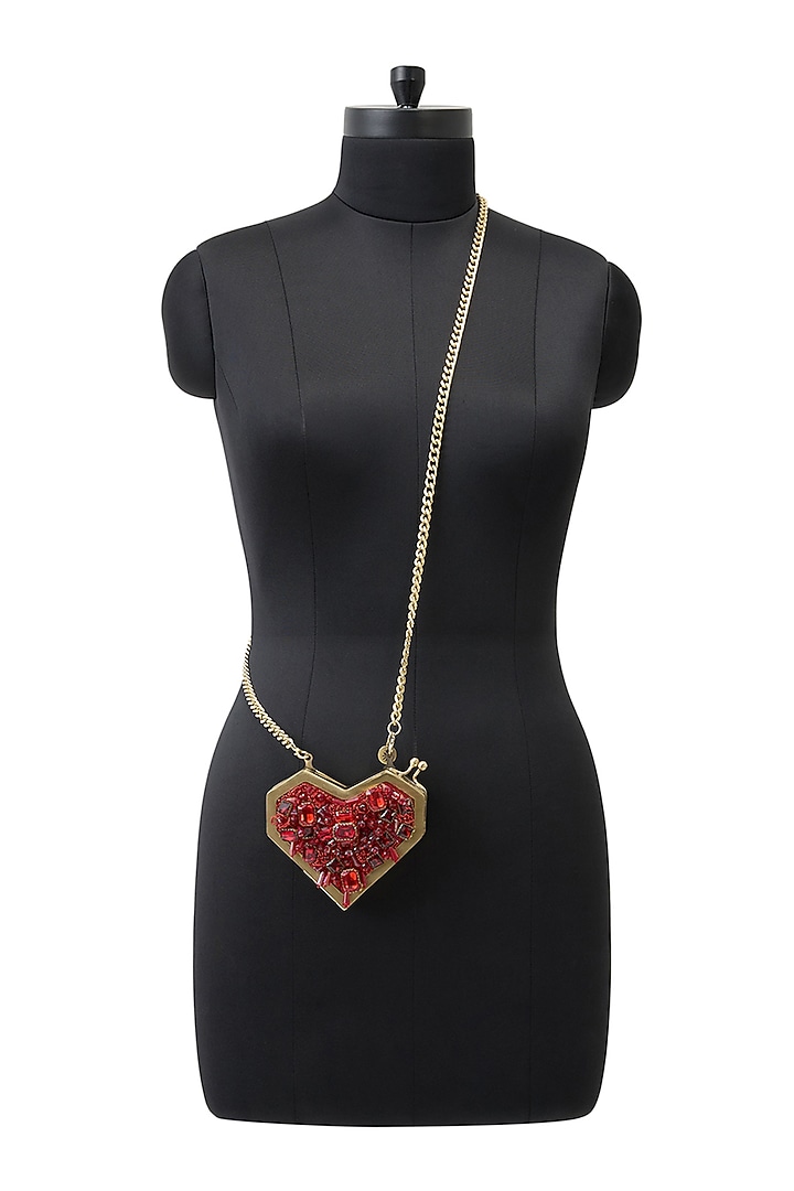 Red Metallic Ruby Stone Embellished Heart Clutch by Anaar at Pernia's Pop Up Shop