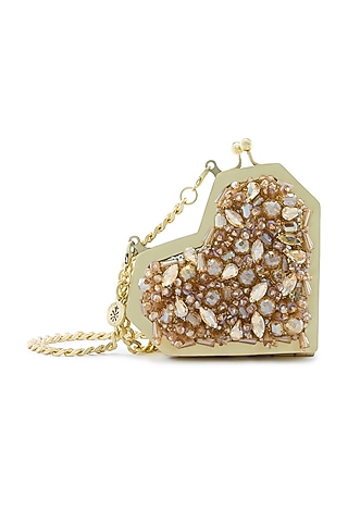 Gold Metallic Crystal & Sequins Embellished Heart Clutch by Anaar