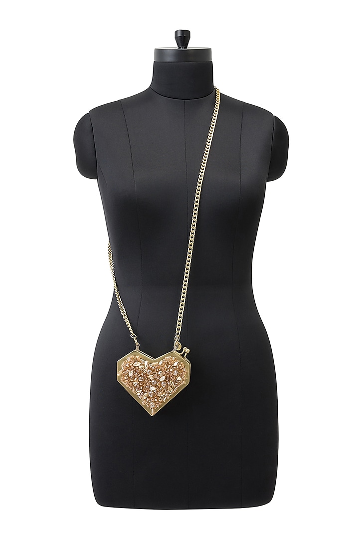 Gold Metallic Crystal & Sequins Embellished Heart Clutch by Anaar at Pernia's Pop Up Shop