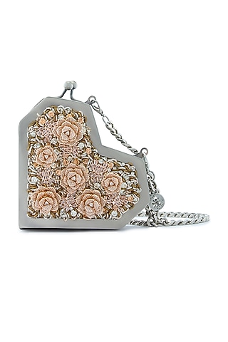 Rose Gold Metallic Crystal Embellished Heart Clutch by Anaar
