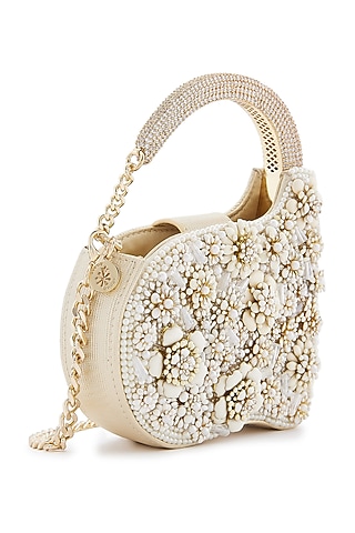 Ivory Metallic Pearl & Bead Embellished Clutch by Anaar