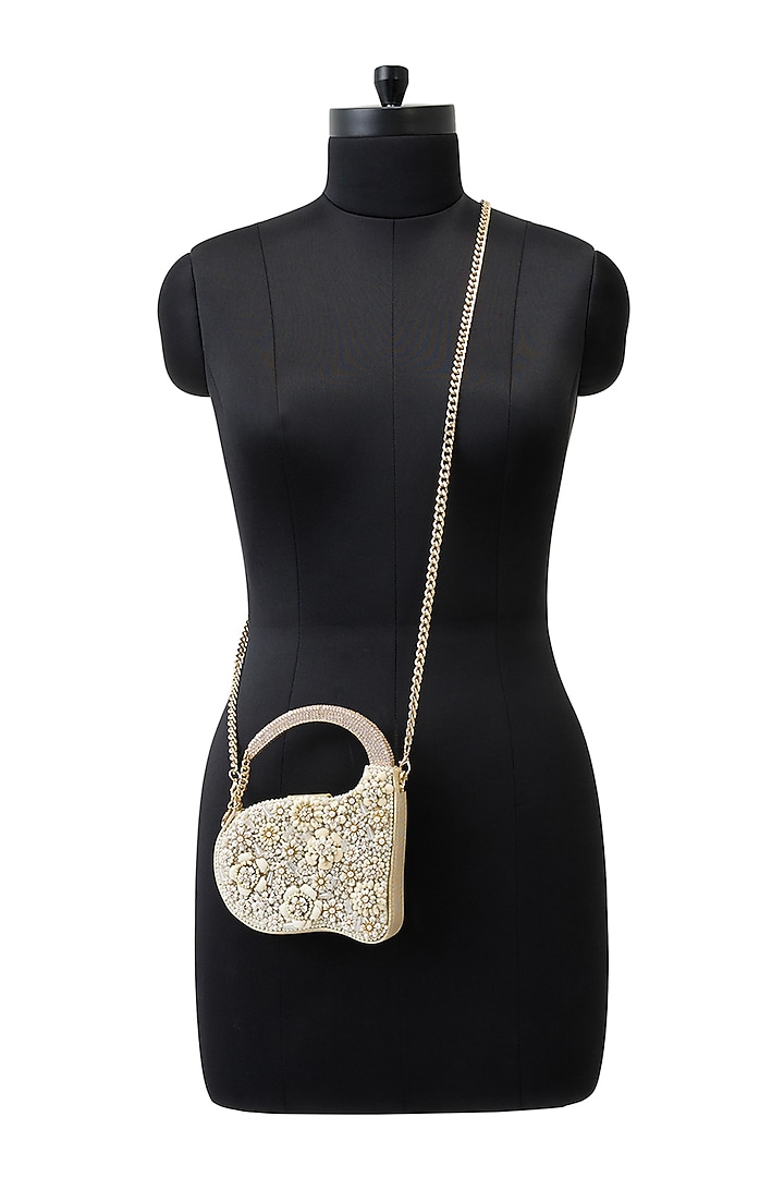 Ivory Metallic Pearl & Bead Embellished Clutch by Anaar at Pernia's Pop Up Shop