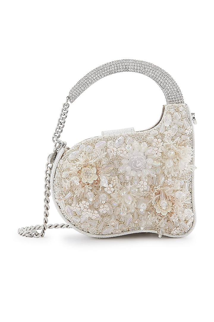 White Pom-Pom & Crystal Embellished Clutch by Anaar at Pernia's Pop Up Shop