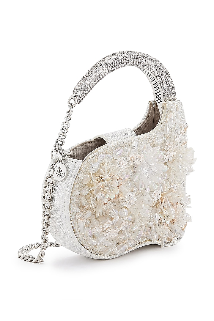 White Pom-Pom & Crystal Embellished Clutch by Anaar at Pernia's Pop Up Shop