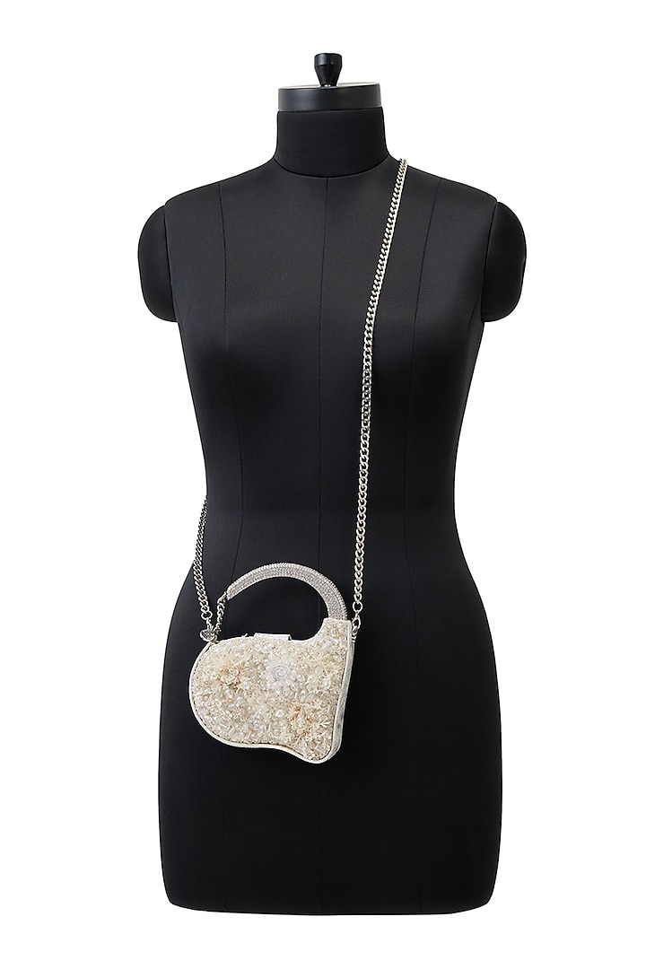 White Pom-Pom & Crystal Embellished Clutch by Anaar at Pernia's Pop Up Shop