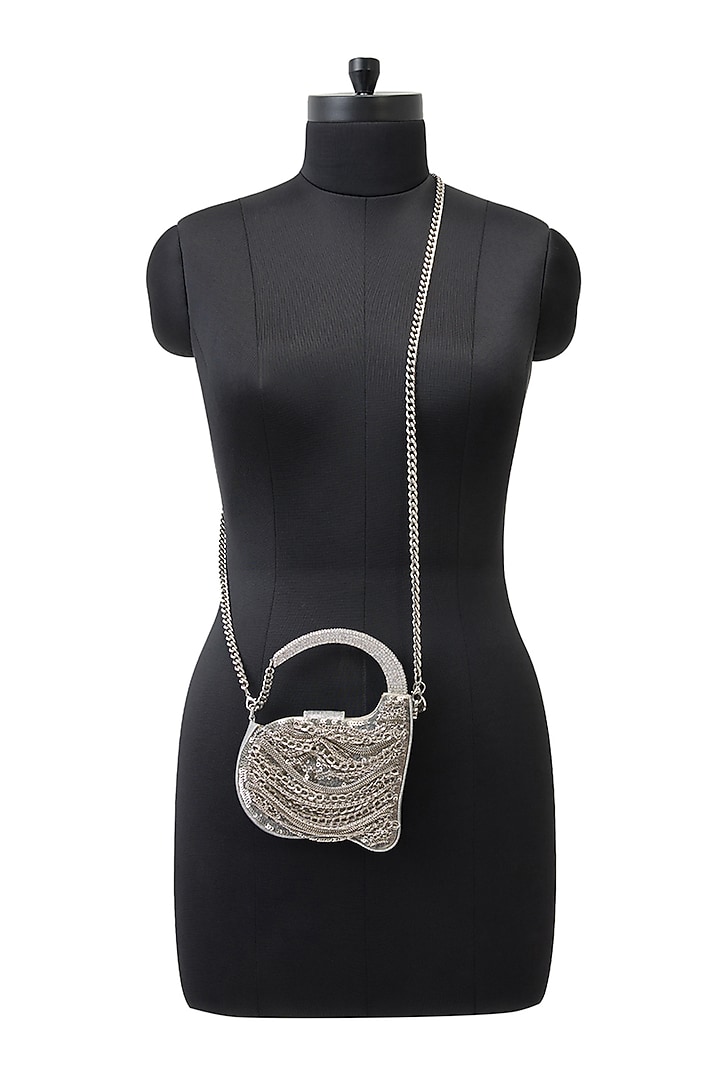 Silver Sequins Chain Embellished Clutch by Anaar at Pernia's Pop Up Shop