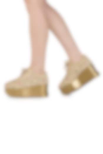 Gold Satin Zardosi Embroidered Wedge Sneakers by Anaar at Pernia's Pop Up Shop