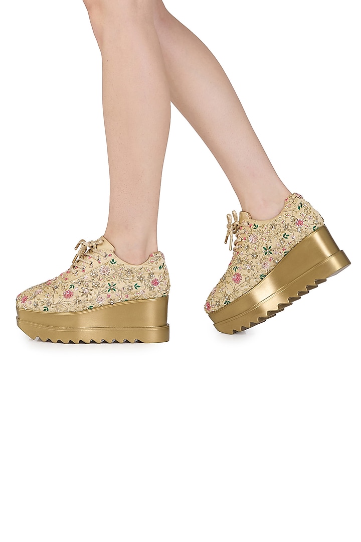 Gold Satin Zardosi Embroidered Wedge Sneakers by Anaar at Pernia's Pop Up Shop