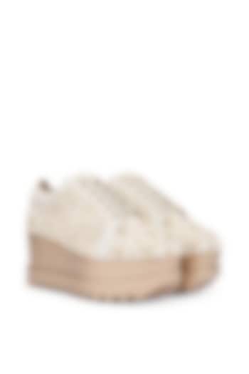 Ivory Foiled Milano Satin Zardosi Embroidered Wedge Sneakers by Anaar at Pernia's Pop Up Shop