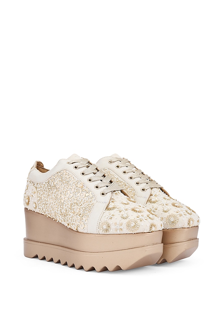 Ivory Foiled Milano Satin Zardosi Embroidered Wedge Sneakers by Anaar at Pernia's Pop Up Shop