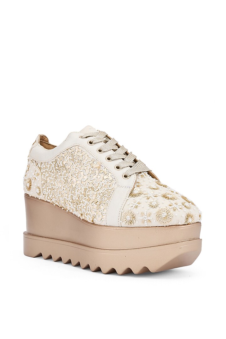 Ivory Foiled Milano Satin Zardosi Embroidered Wedge Sneakers by Anaar at Pernia's Pop Up Shop