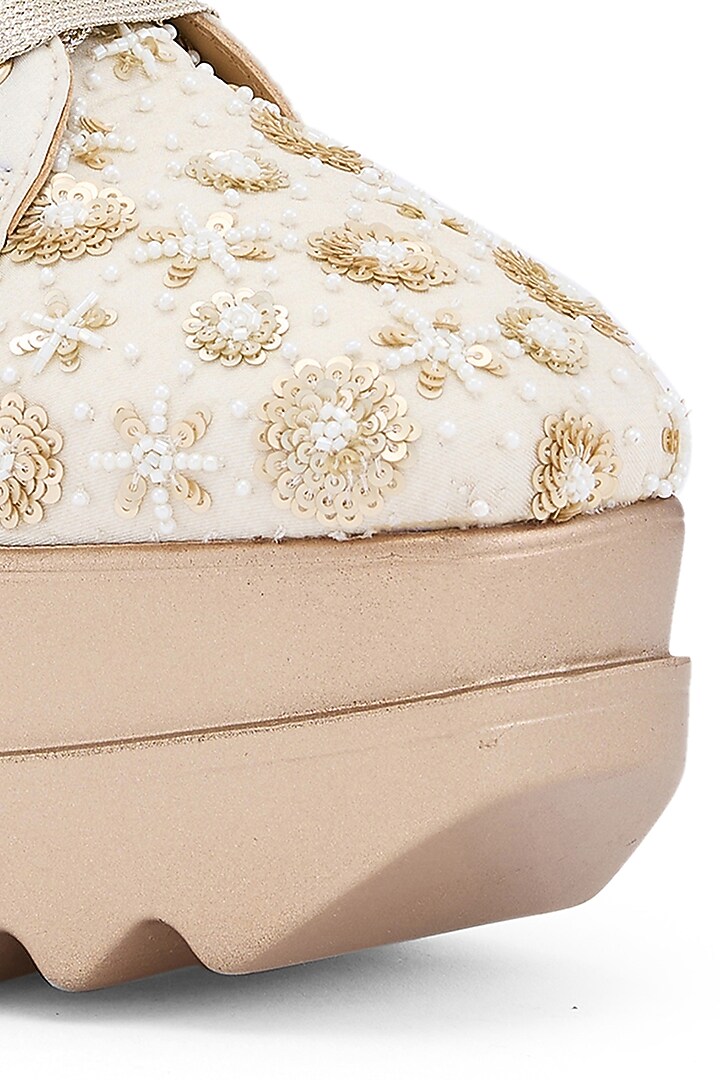 Ivory Foiled Milano Satin Zardosi Embroidered Wedge Sneakers by Anaar at Pernia's Pop Up Shop
