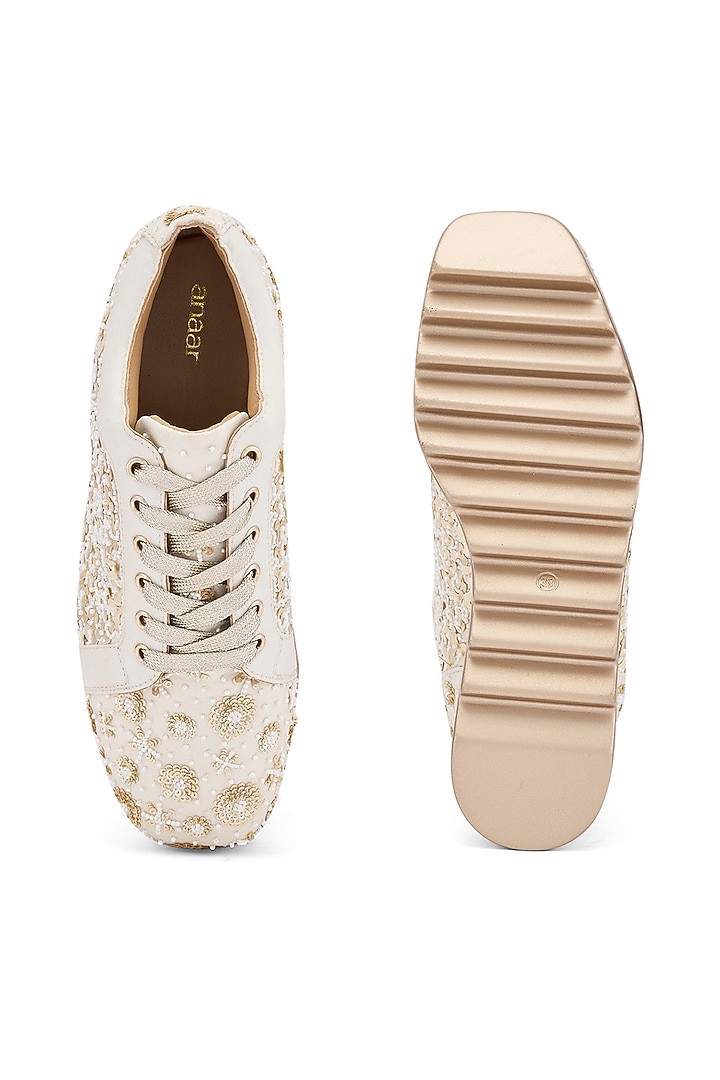 Ivory Foiled Milano Satin Zardosi Embroidered Wedge Sneakers by Anaar at Pernia's Pop Up Shop