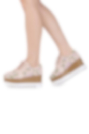Light Pink Foiled Milano Satin Zardosi Embroidered Wedge Sneakers by Anaar at Pernia's Pop Up Shop
