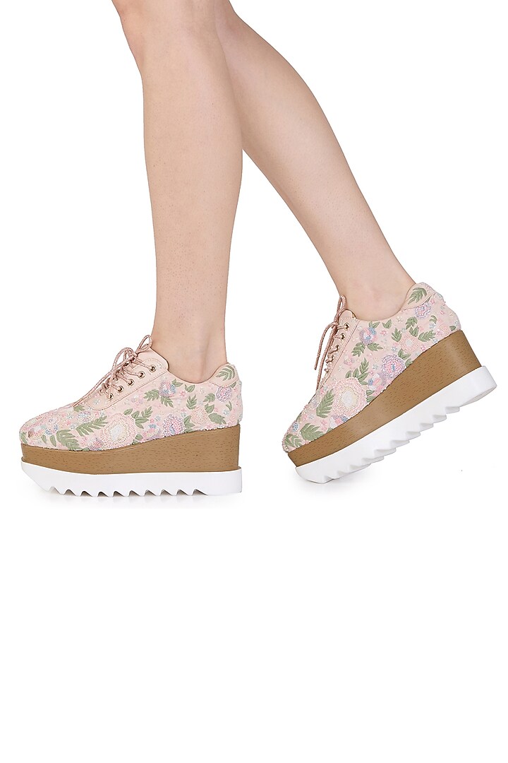 Light Pink Foiled Milano Satin Zardosi Embroidered Wedge Sneakers by Anaar at Pernia's Pop Up Shop