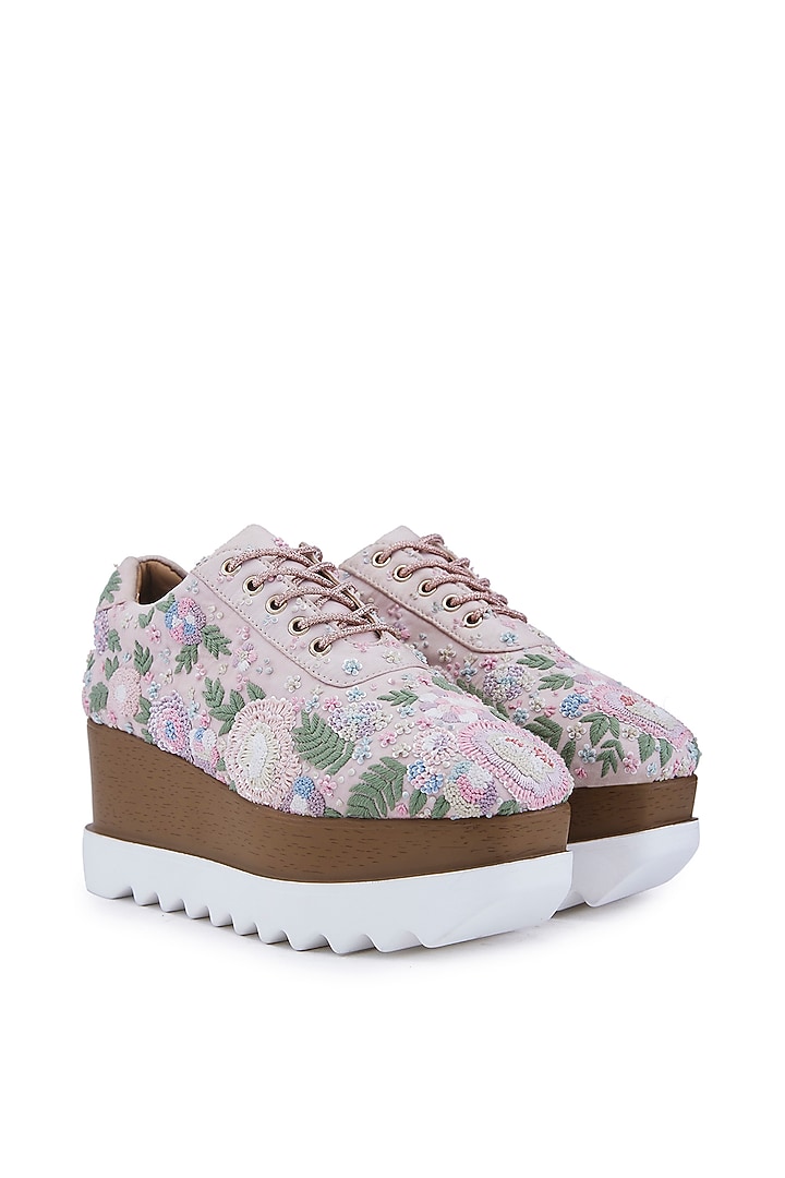 Light Pink Foiled Milano Satin Zardosi Embroidered Wedge Sneakers by Anaar at Pernia's Pop Up Shop