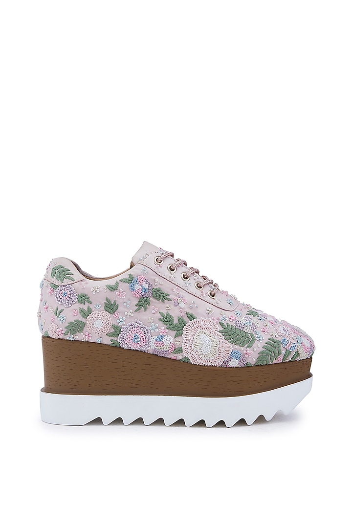 Light Pink Foiled Milano Satin Zardosi Embroidered Wedge Sneakers by Anaar at Pernia's Pop Up Shop