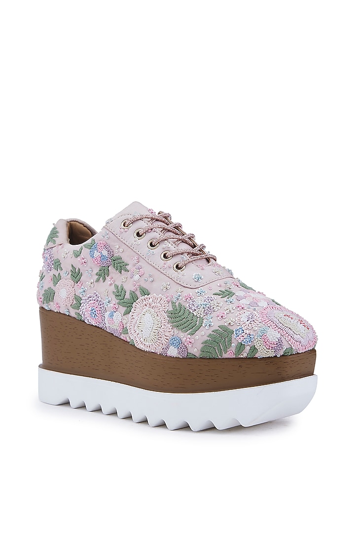 Light Pink Foiled Milano Satin Zardosi Embroidered Wedge Sneakers by Anaar at Pernia's Pop Up Shop
