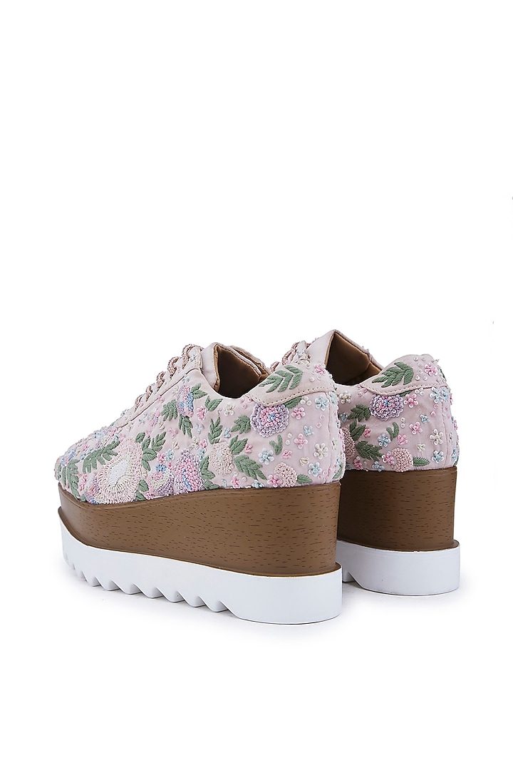 Light Pink Foiled Milano Satin Zardosi Embroidered Wedge Sneakers by Anaar at Pernia's Pop Up Shop