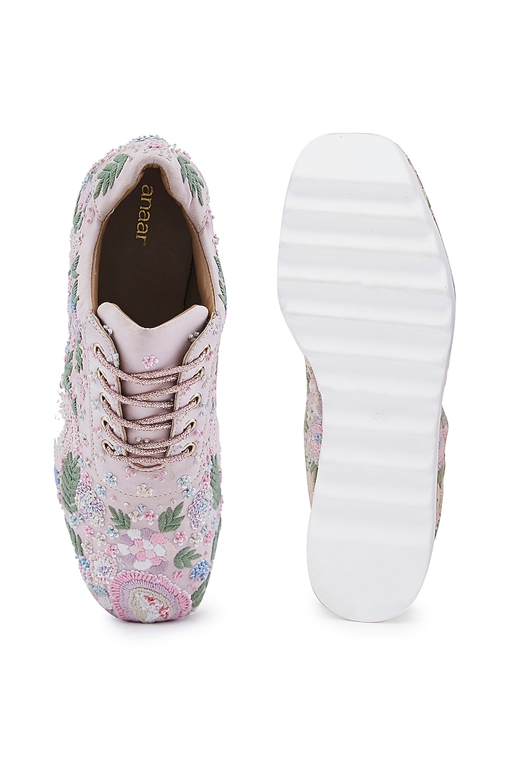 Light Pink Foiled Milano Satin Zardosi Embroidered Wedge Sneakers by Anaar at Pernia's Pop Up Shop