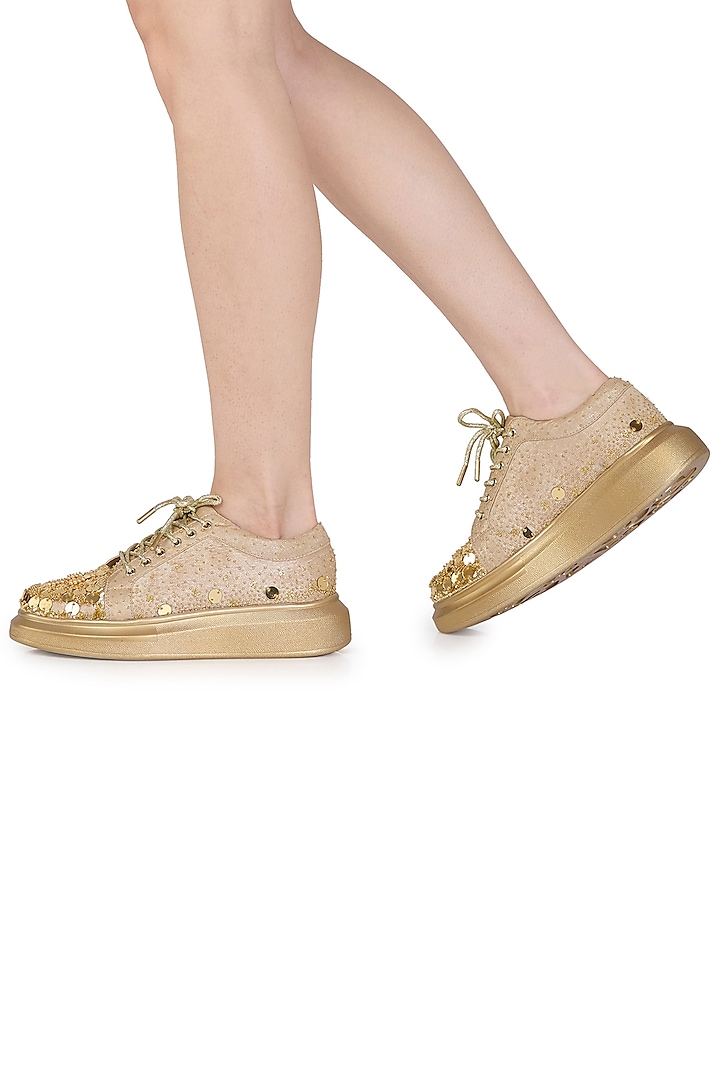 Gold Foiled Milano Satin Pearl Embroidered Wedge Sneakers by Anaar at Pernia's Pop Up Shop