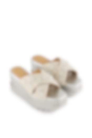 Beige Raw Silk Pearl Embroidered Sandals by Anaar at Pernia's Pop Up Shop