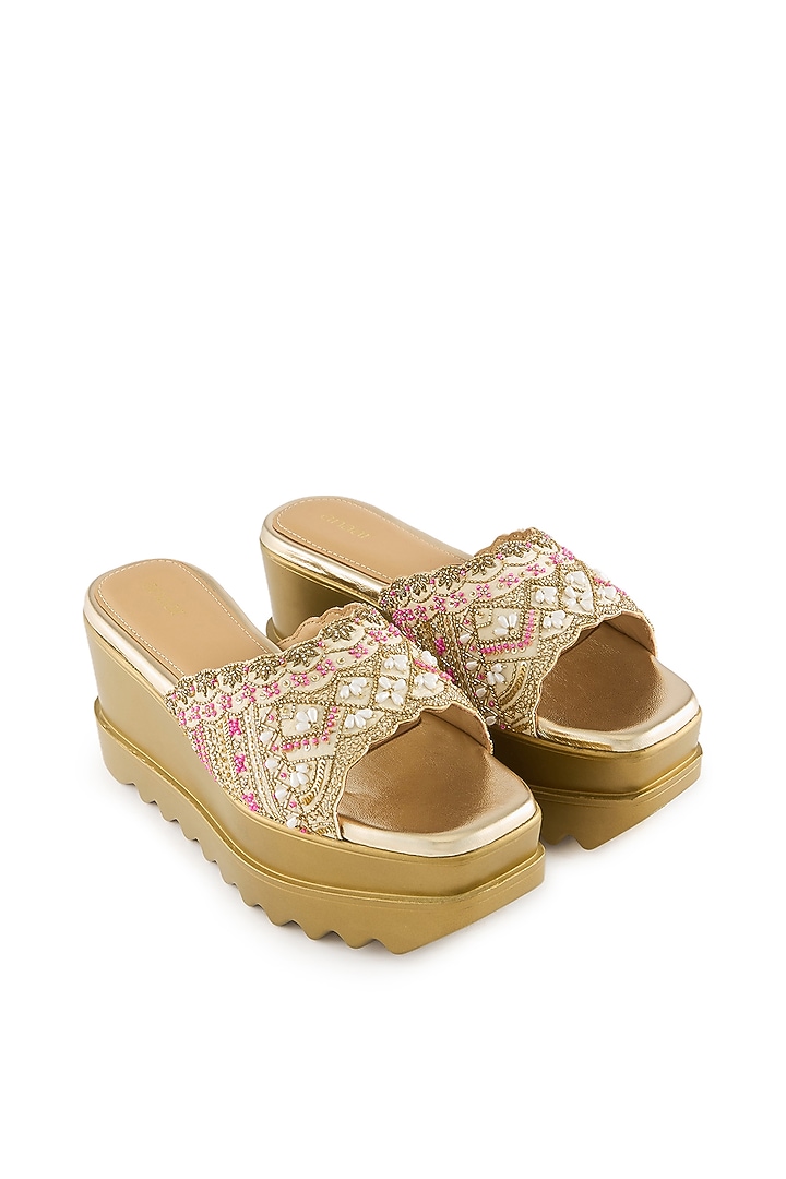 Champagne Gold Raw Silk Sequins Embroidered Sandals by Anaar at Pernia's Pop Up Shop
