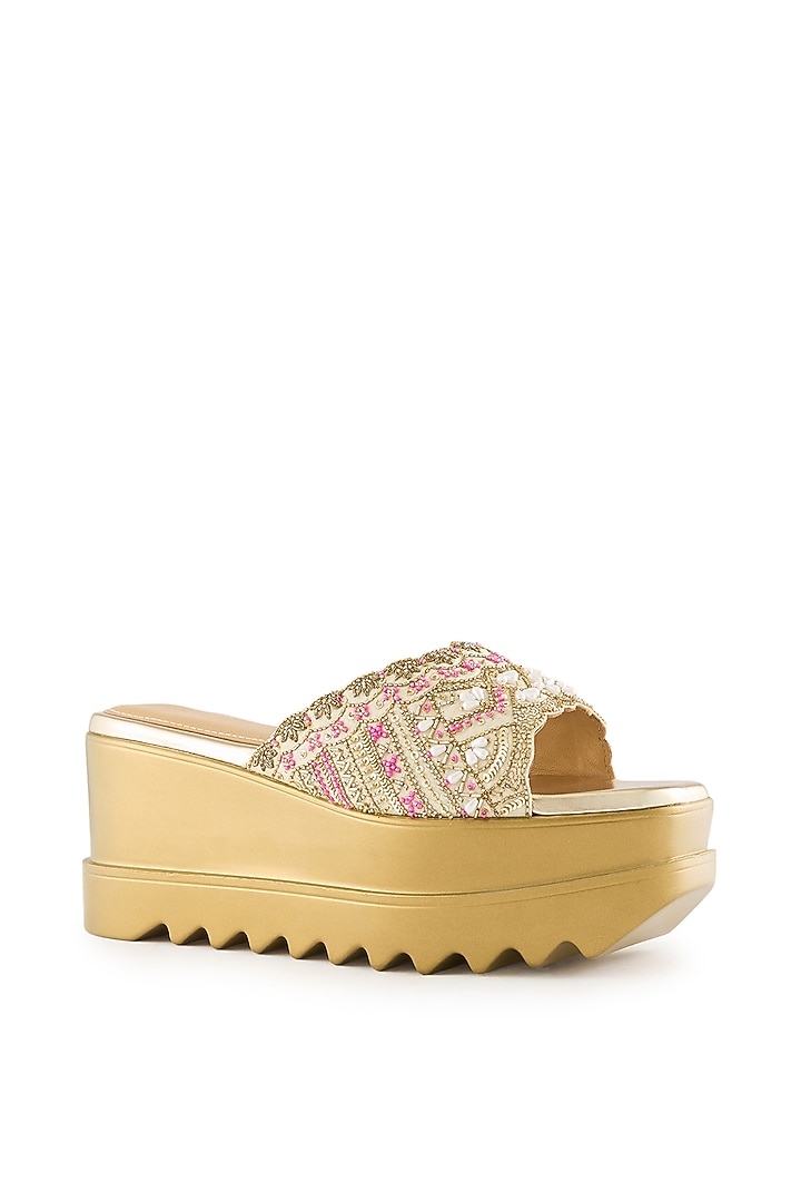 Champagne Gold Raw Silk Sequins Embroidered Sandals by Anaar at Pernia's Pop Up Shop